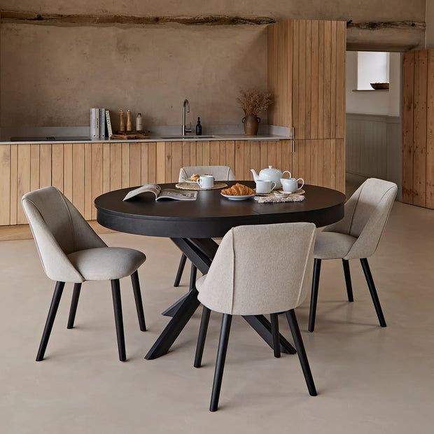 Black Oak Oval Extending Dining Table Set - 4 Seater - Freya Sand Dining Chairs - Black Oak Legs