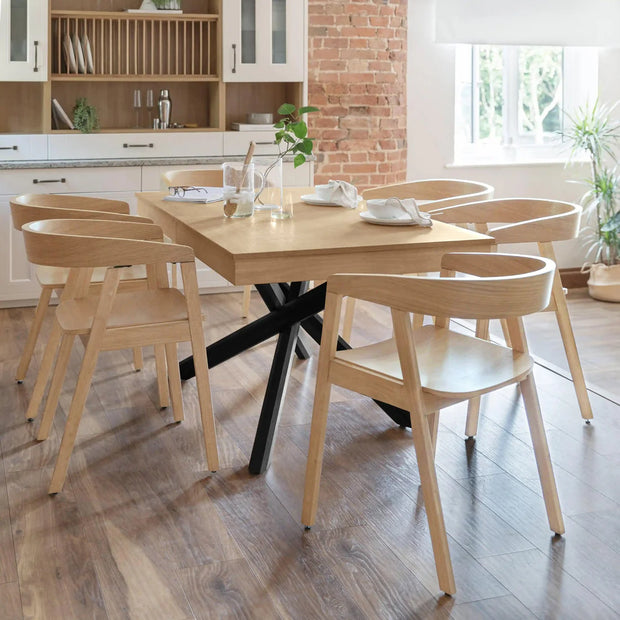 Pale Oak Dining Table Set with Black Legs - 6 Seater - Pale Oak Armchairs