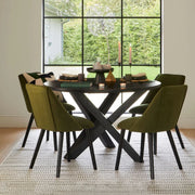 Black Round Dining Table Set - 4 Seater - Freya Fern Green Dining Chairs with Black Legs