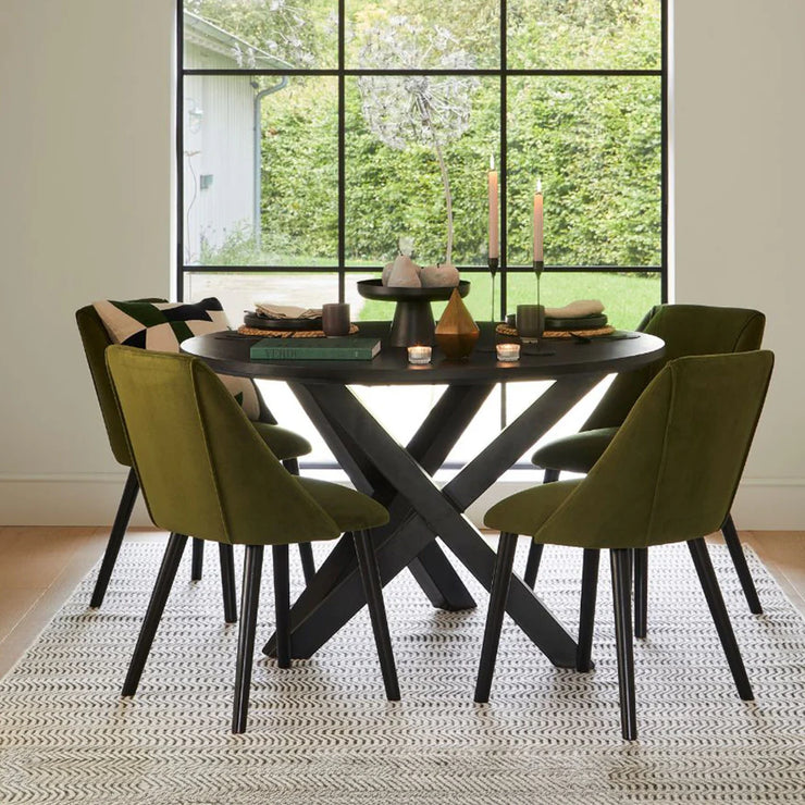 Black Round Dining Table Set - 4 Seater - Freya Fern Green Dining Chairs with Black Legs